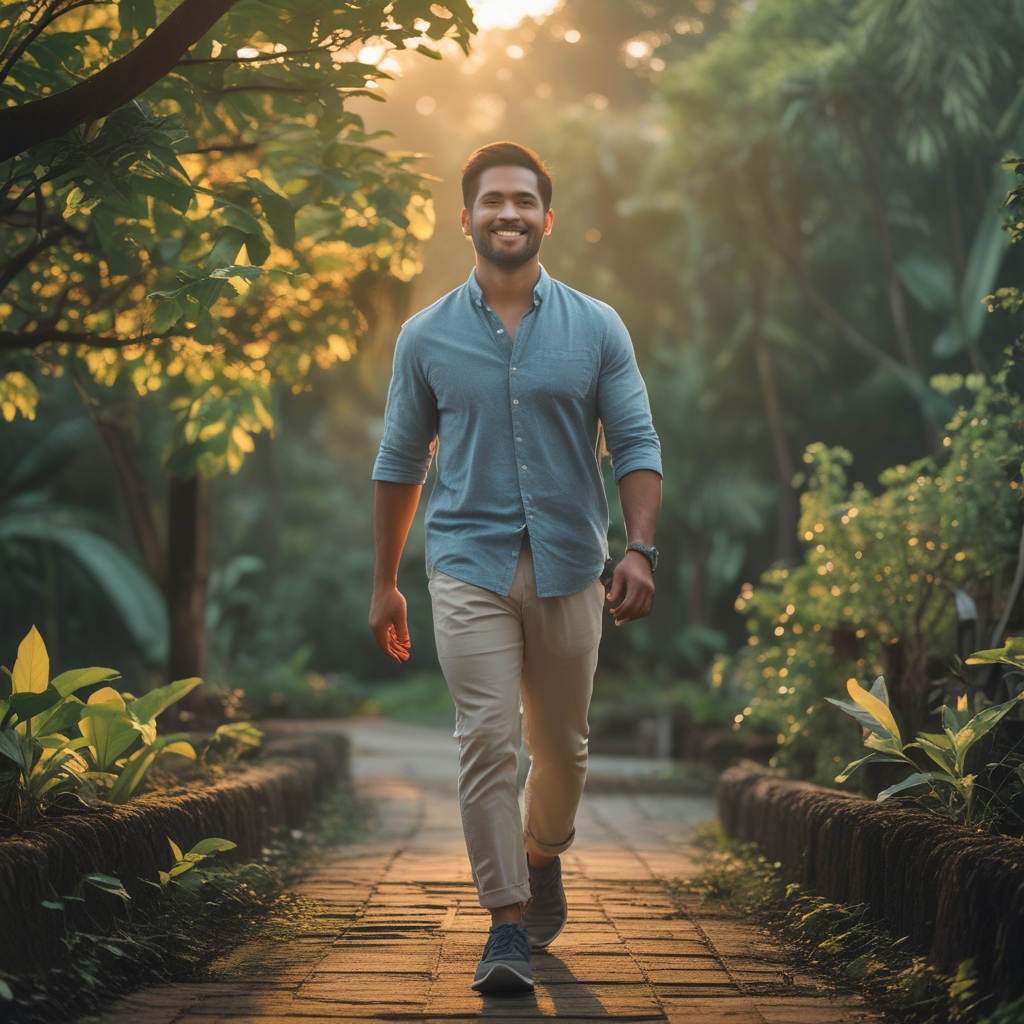 Pria paruh baya berpakaian kasual berjalan santai di taman hijau yang teduh di pagi hari, dikelilingi pohon dan vegetasi segar dengan cahaya matahari pagi yang hangat