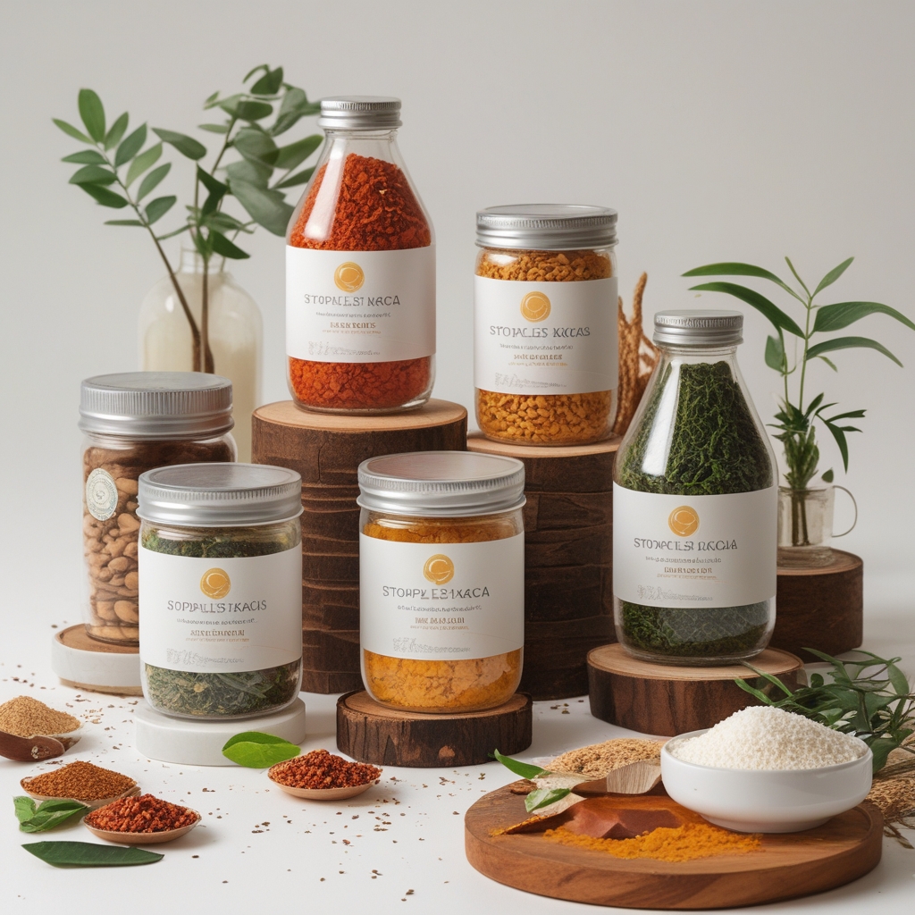 Berbagai stoples kaca berisi rempah-rempah kering dan biji-bijian berwarna-warni tersusun rapi di rak kayu, dengan label putih bersih dan cahaya alami dari jendela