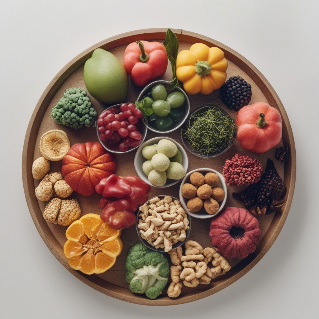 Berbagai buah-buahan segar dan sayuran berwarna-warni di atas meja kayu alami, termasuk alpukat, wortel, bayam, dan kacang-kacangan yang menggambarkan nutrisi sehat