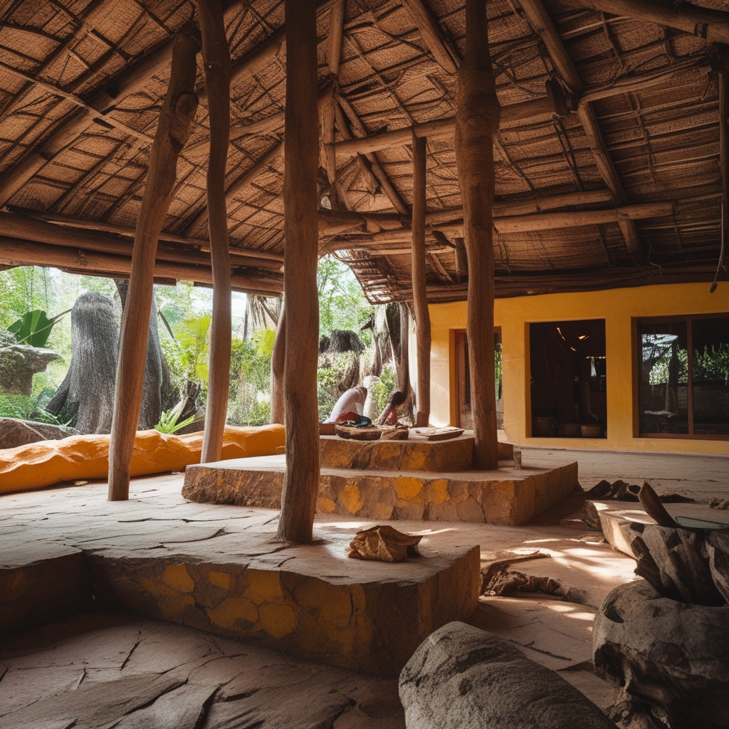 Rimpang kunyit berwarna oranye kuning cerah dan jahe segar dipotong melintang di atas talenan kayu, menampilkan warna interior yang kaya dan tekstur alami